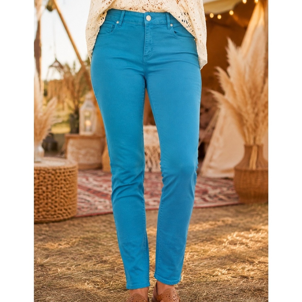 Ann Taylor LOFT Curvy Skinny Pants Teal Blue Size 4 27 Womens Mid Rise Stretch